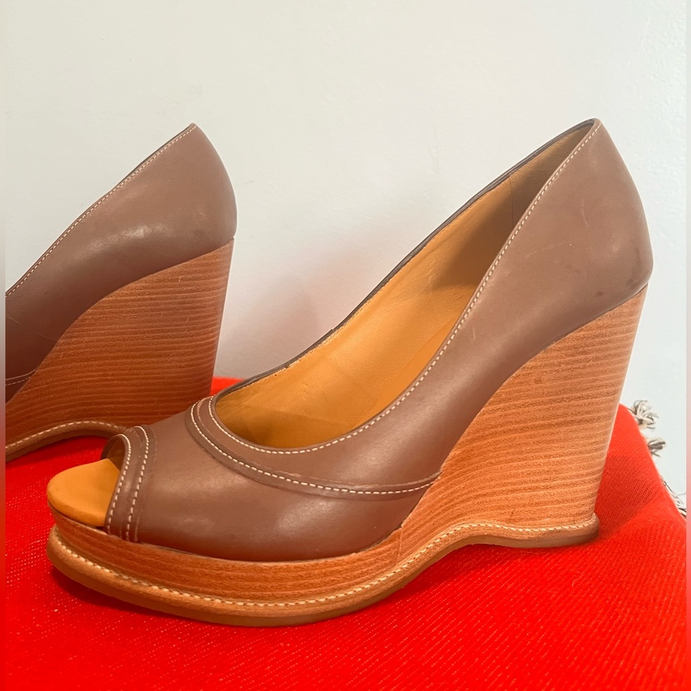 Michael Kors Taupe Leather Peep-Toe Wedge Sandals